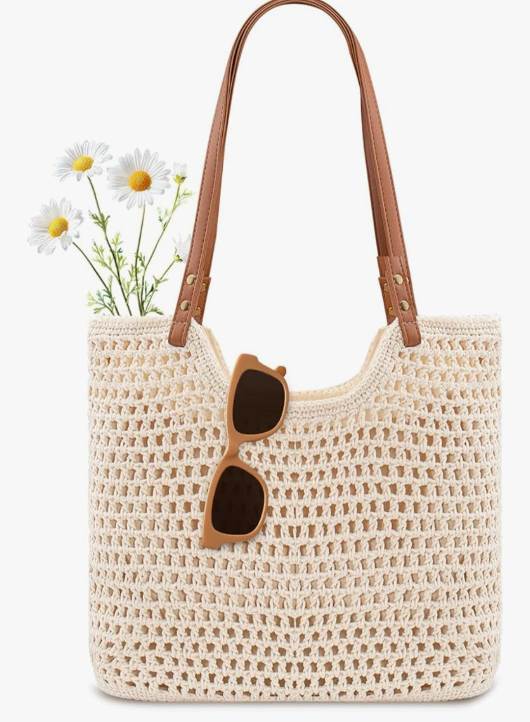 Crochet Beach Bag Purse, Boho Woven Tote with Leak-Proof Lining For Summer Vacation Travel Casual Shoulder Bag Soft