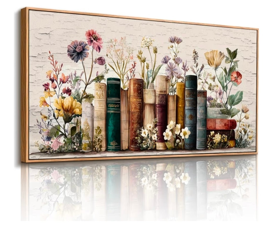 Large Framed Floral Book Wall Art – Botanical Canvas Print for Bedroom, Living Room & Office (20”x40”)