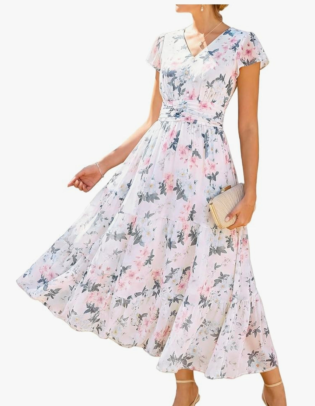 Women's Floral Maxi Dress – Short Sleeve Wedding Guest Dress with Pocket