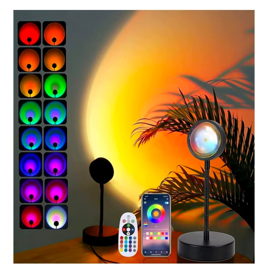 Sunset Lamp Projector LED RGB Night Light with remote and app control, showing multiple color modes