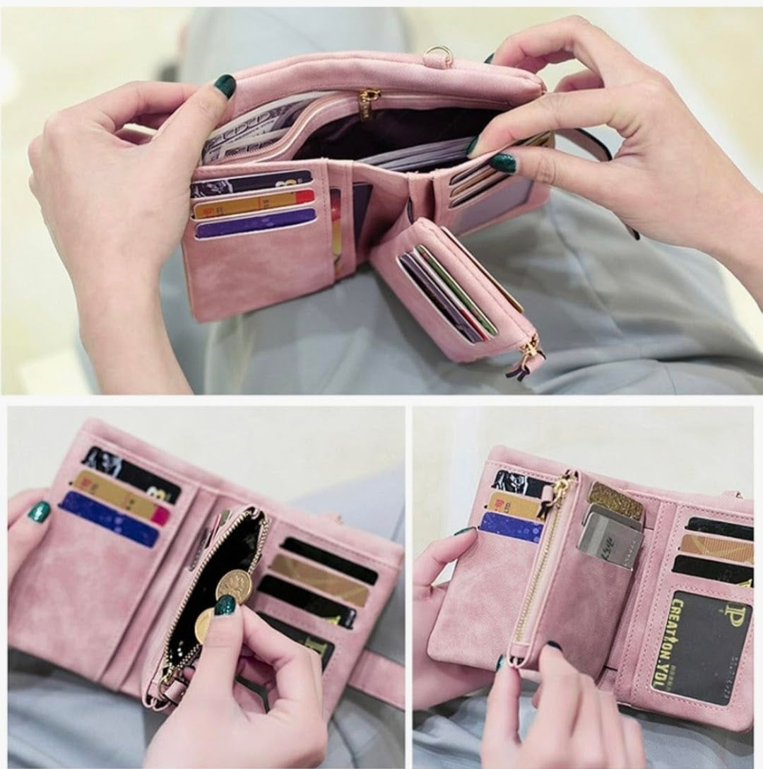 TOPKULL pink bifold leather wallet open showing multiple card slots, zipper coin purse, and cash compartments