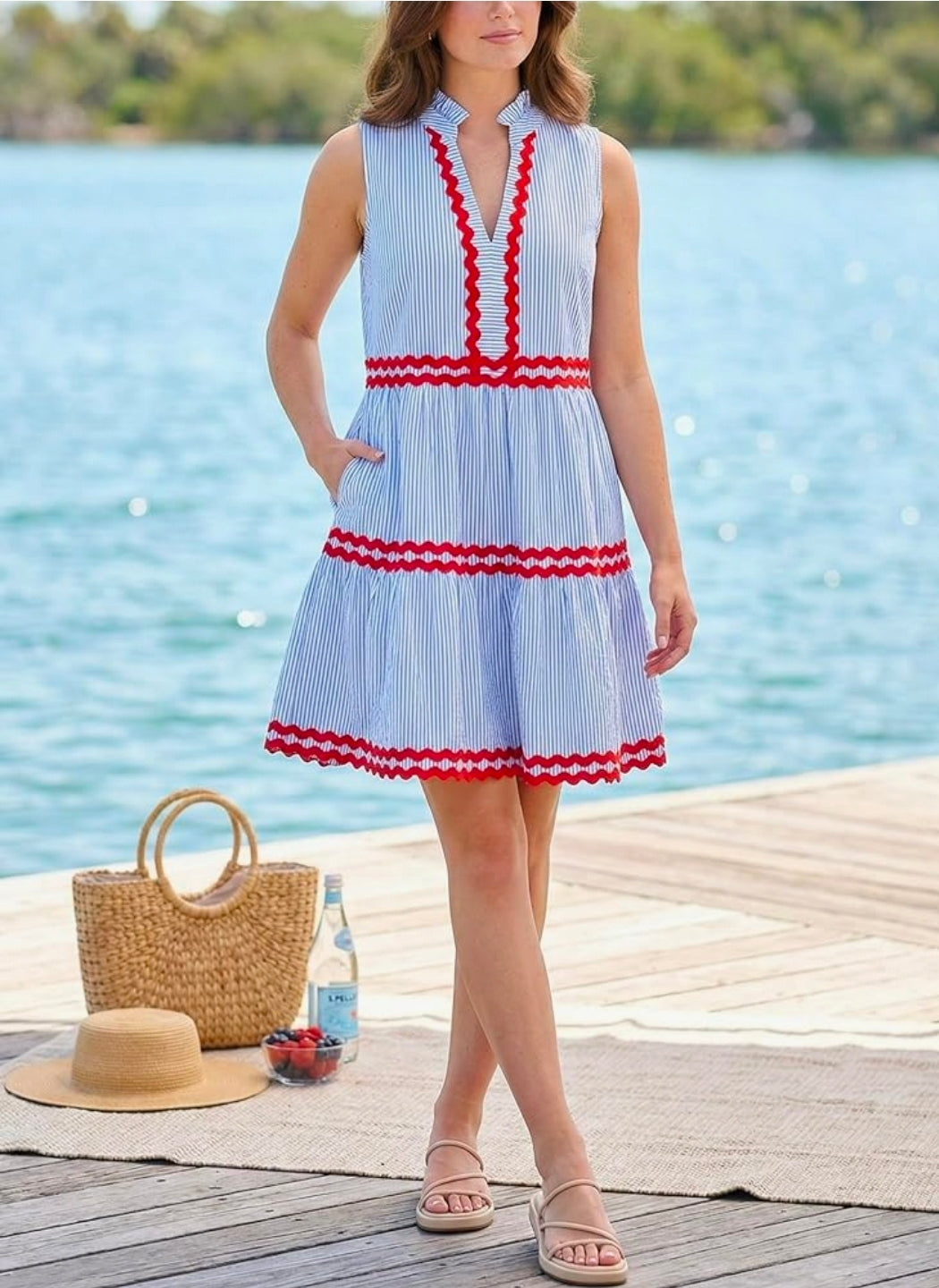 Women's Cute Sleeveless Ric Rac Trim Tiered Striped Dress