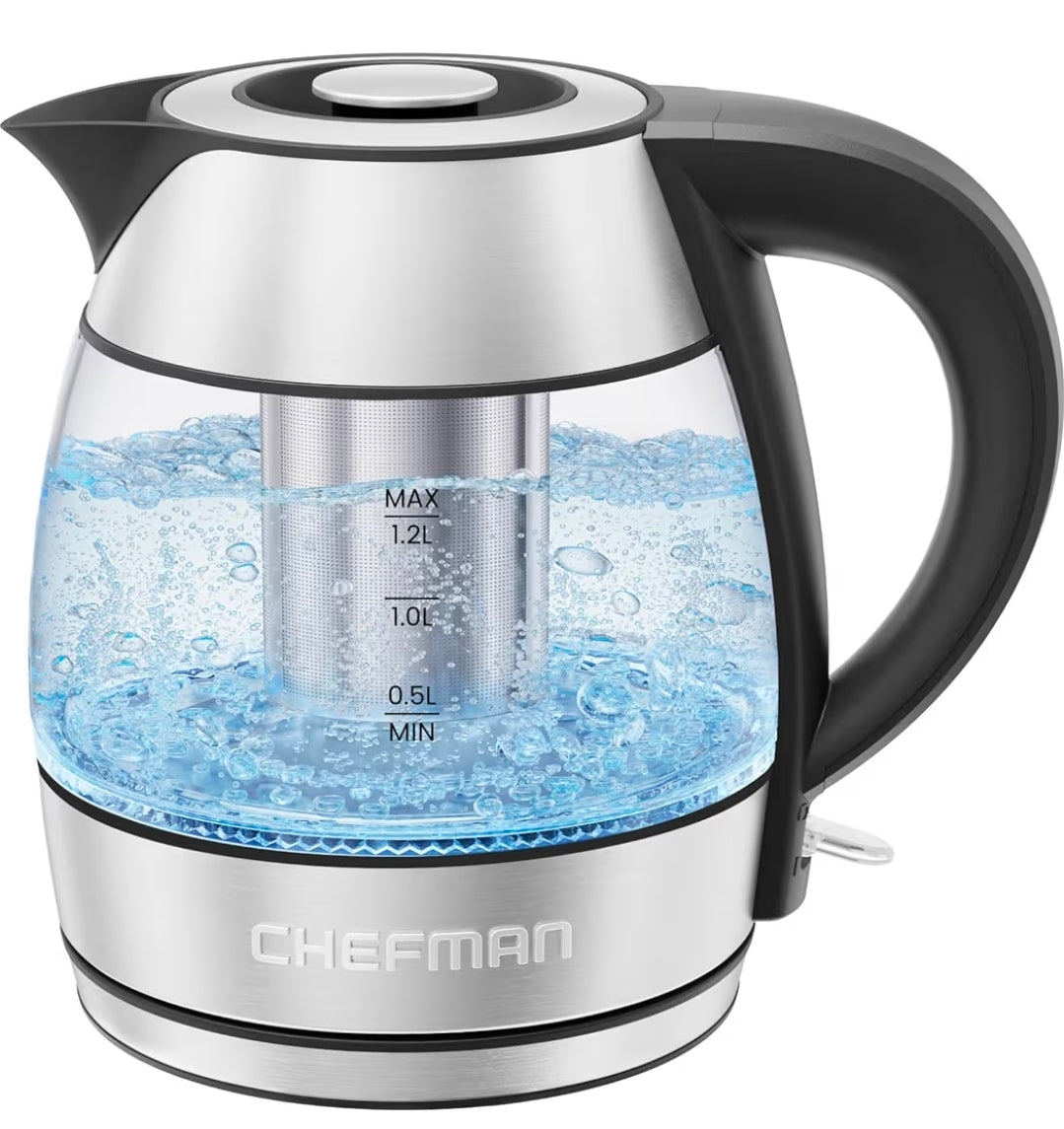 Electric Glass Tea Kettle – 1.2L 1500W with Infuser & LED Light