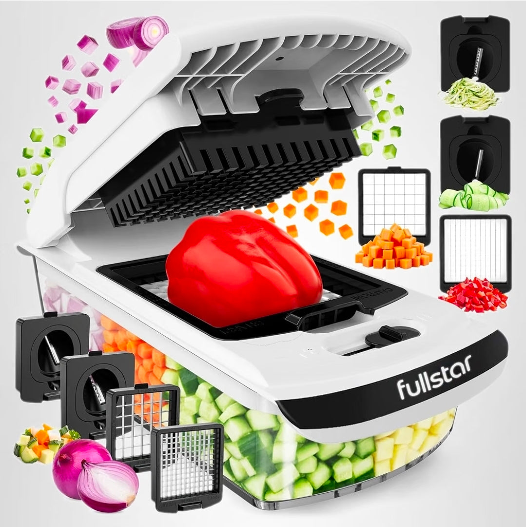 4-in-1 Vegetable Chopper, Spiralizer & Onion Dicer with Container (White)
