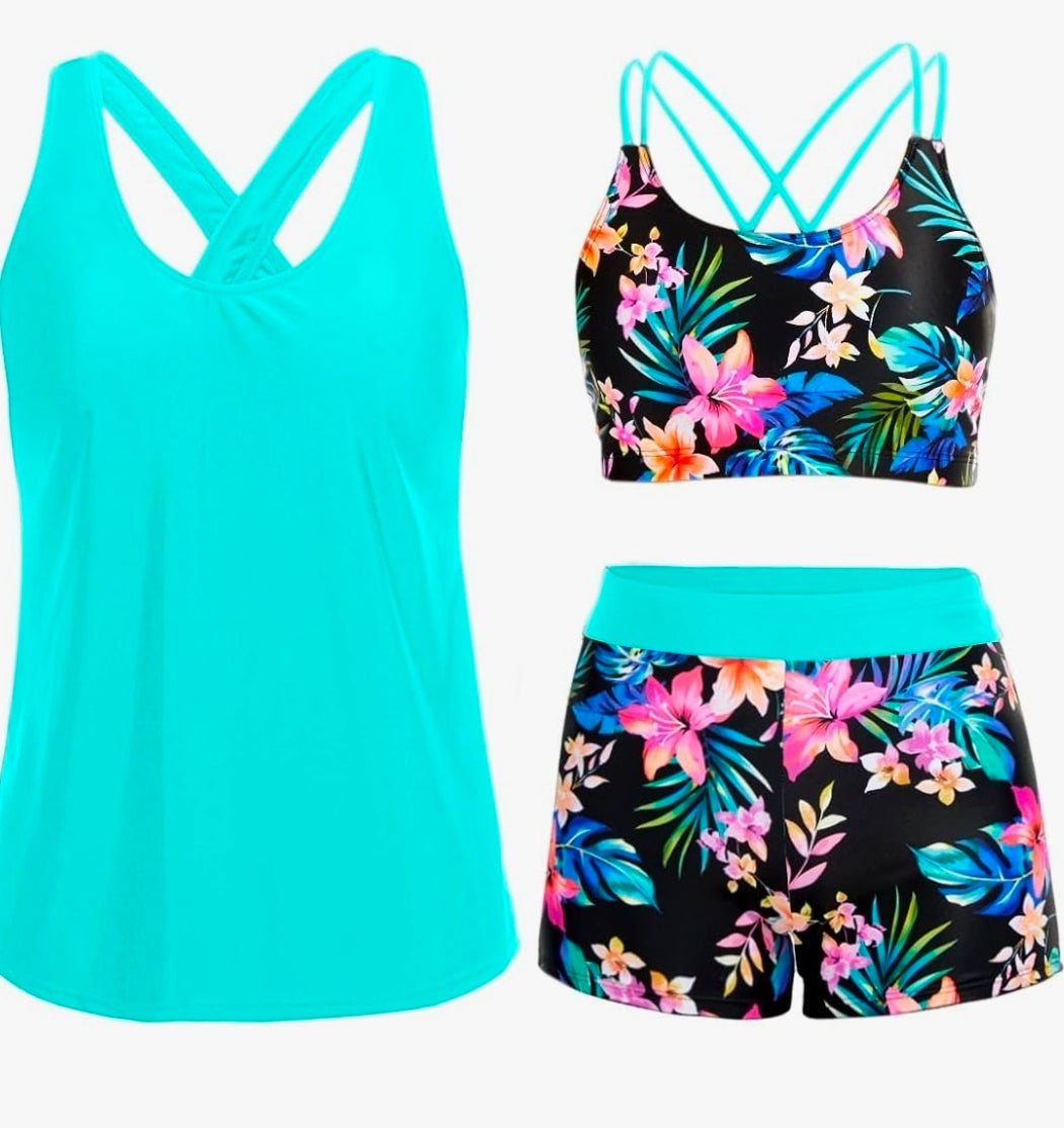 3 Piece Tankini Swimsuits for Women Tummy Control Bathing Suits Swim Tank Top with Bra Boy Shorts Teen Swimwear 2026