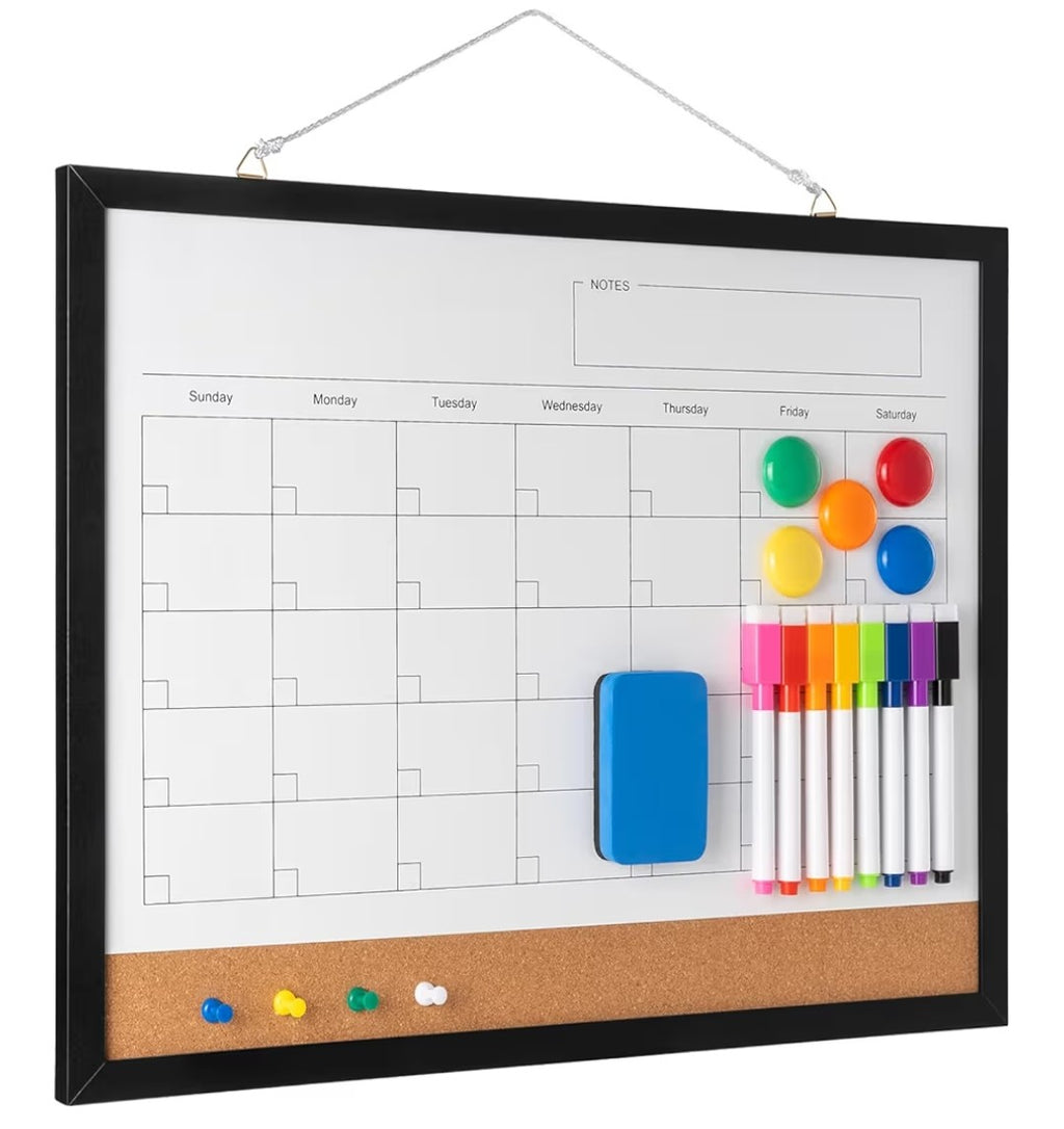 Dry Erase Calendar Whiteboard 17"x13" – Magnetic Cork Board Combo with Markers, Eraser & Magnets