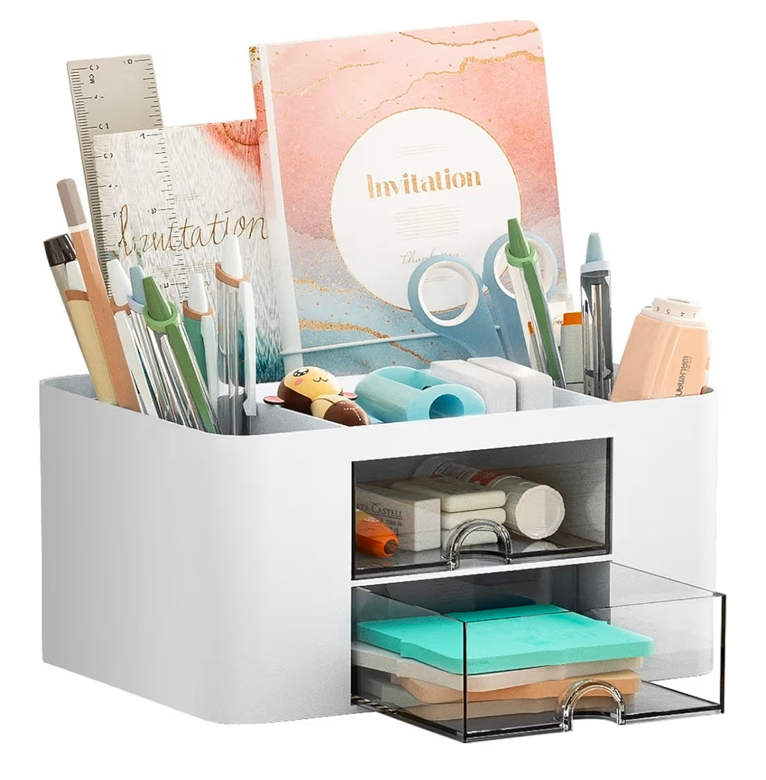 Organizer with 2 Drawers – Multi-Functional Pencil Holder & Desk Organizer, White