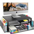 2-Tier Monitor Stand Riser with Drawer & Pen Holders - Black