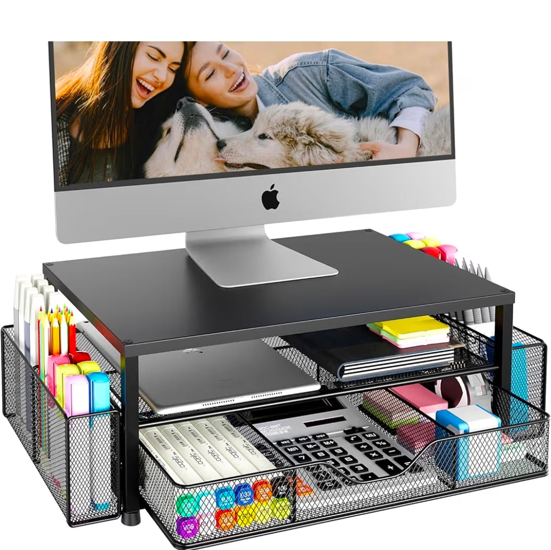 2-Tier Monitor Stand Riser with Drawer & Pen Holders - Black