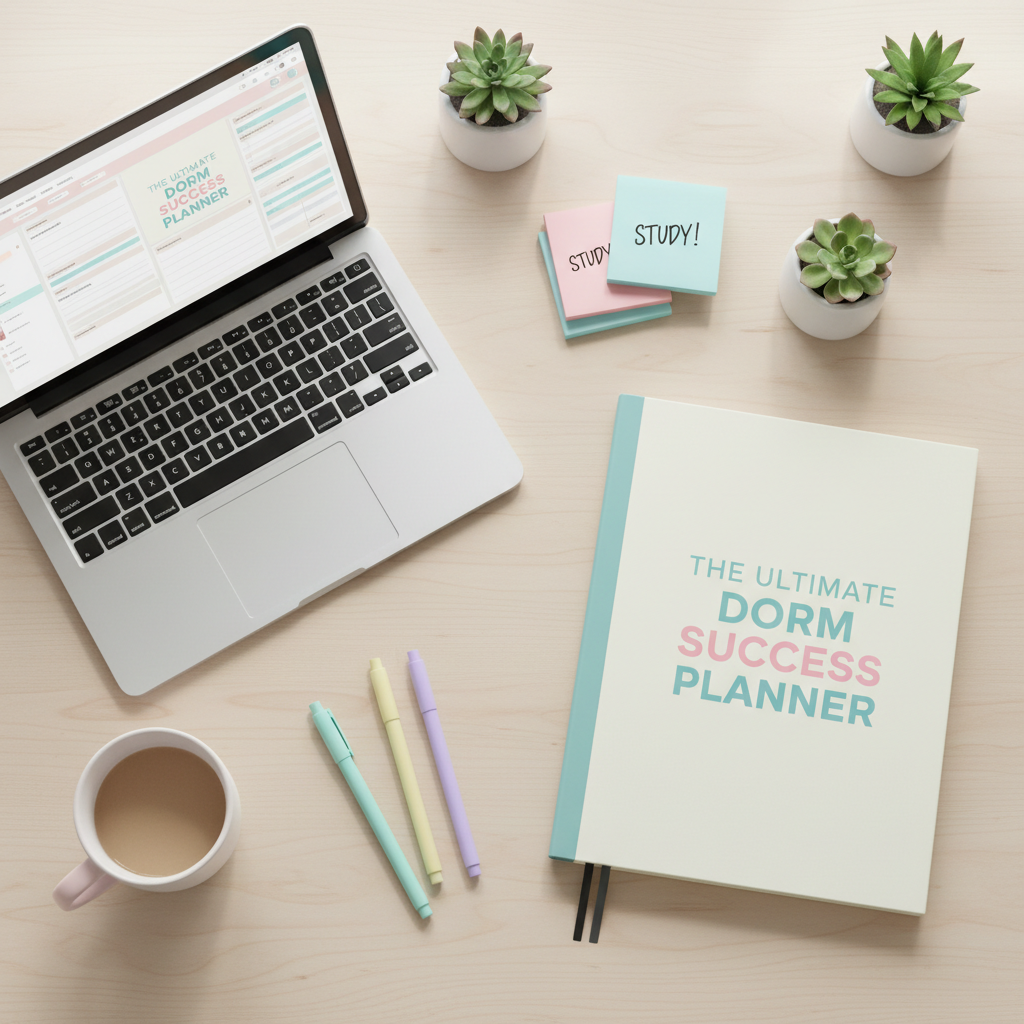 Styled dorm desk flat lay with planner, laptop, coffee cup and stationery